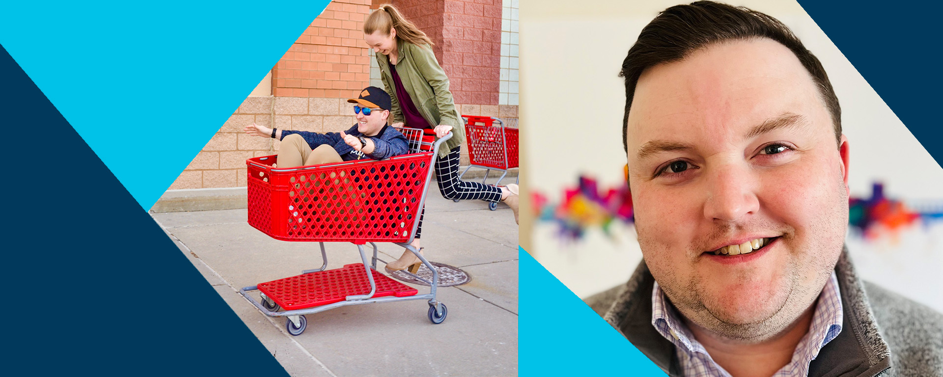 A collage of two images, one of a girl pushing a man in a red shopping cart outside, and another is a close up of a Capital One associate smiling. The images are collaged with Capital One blue triangular image overlay background